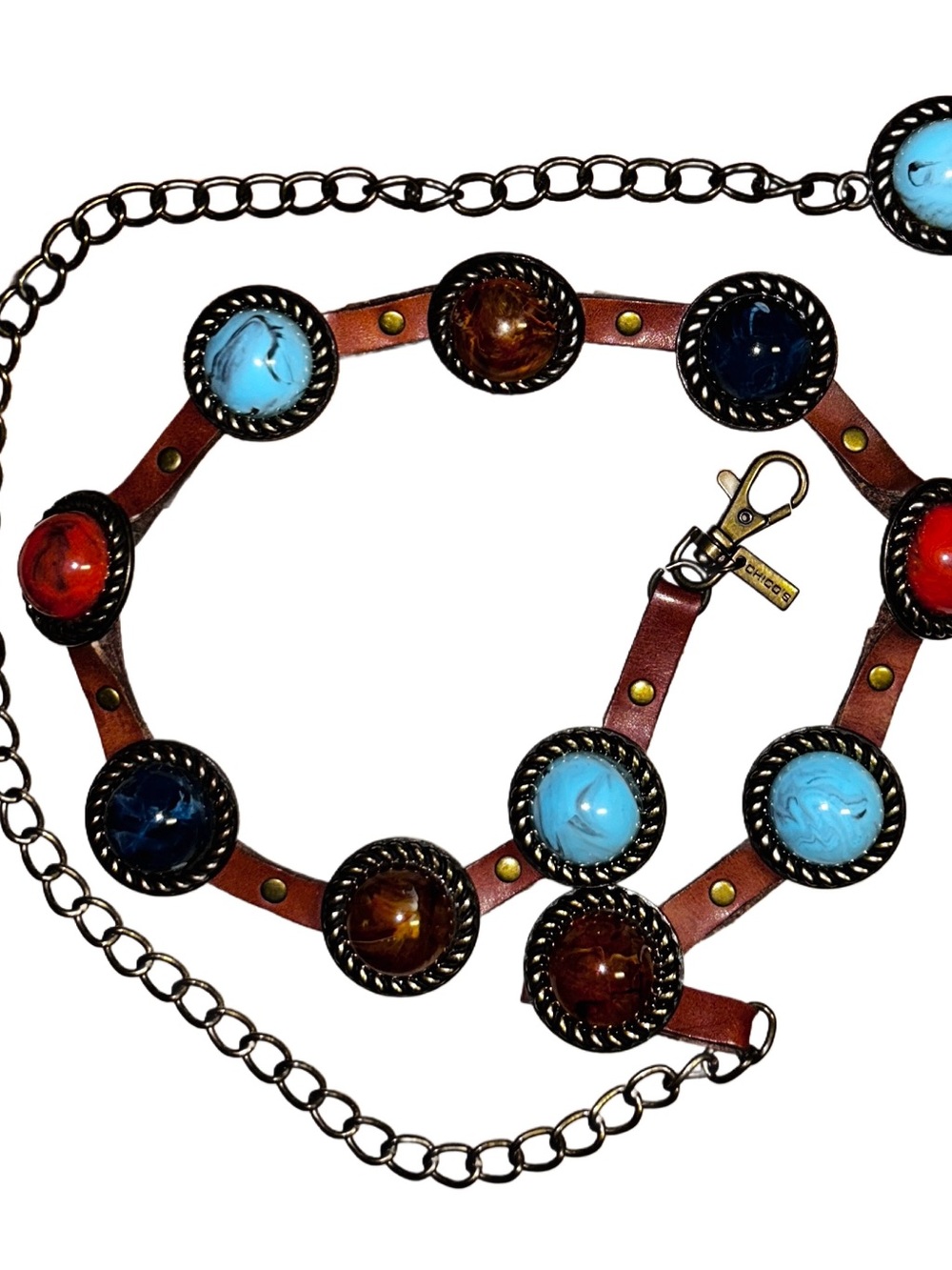 Chico’s ~ Large ~ Southwestern Turquoise Multi-Colors Glass Conchos Leather Belt